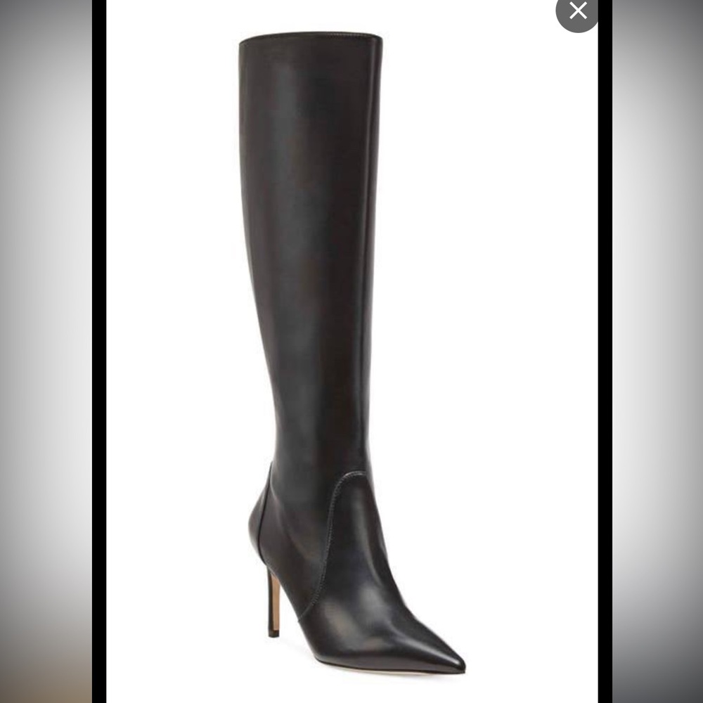 Stuart Weitzman Black Pointed Toe Knee-High Leather Heeled Boots